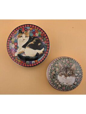 Vintage Hunkydory Cat With Flowers Metal Tins Lesley Anne Ivory Lot of 2